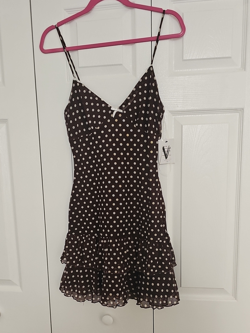 Polka Dot Spaghetti Strap Dress - Brown/White